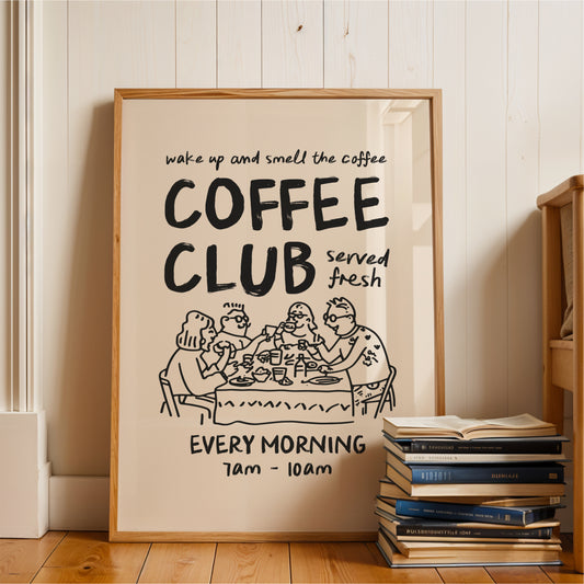 a poster advertising a coffee club, with a group of people sitting around a table enjoying coffee. The poster has a simple, black and white design with text and an illustration.