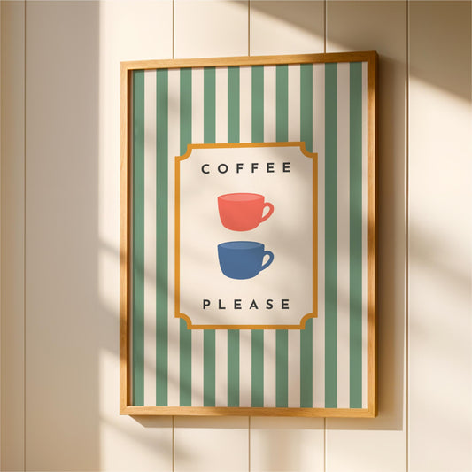 a framed poster with a green and white striped background and the text "COFFEE PLEASE" in the center.