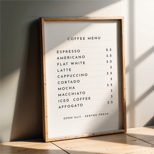 a coffee menu board with a list of coffee drinks and their prices.