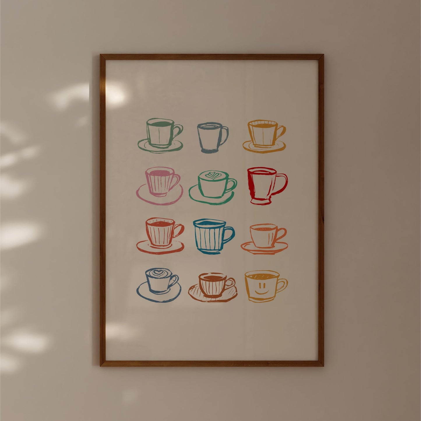 a collection of colorful coffee cups and saucers arranged in a grid pattern on a wall.