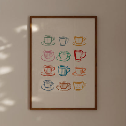 a collection of colorful coffee cups and saucers arranged in a grid pattern on a wall.