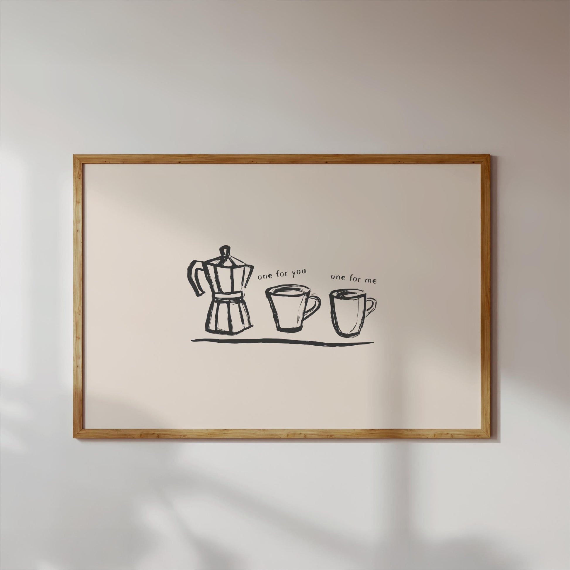 a simple black and white illustration of a coffee maker and two mugs, accompanied by the text "one for you one for me".