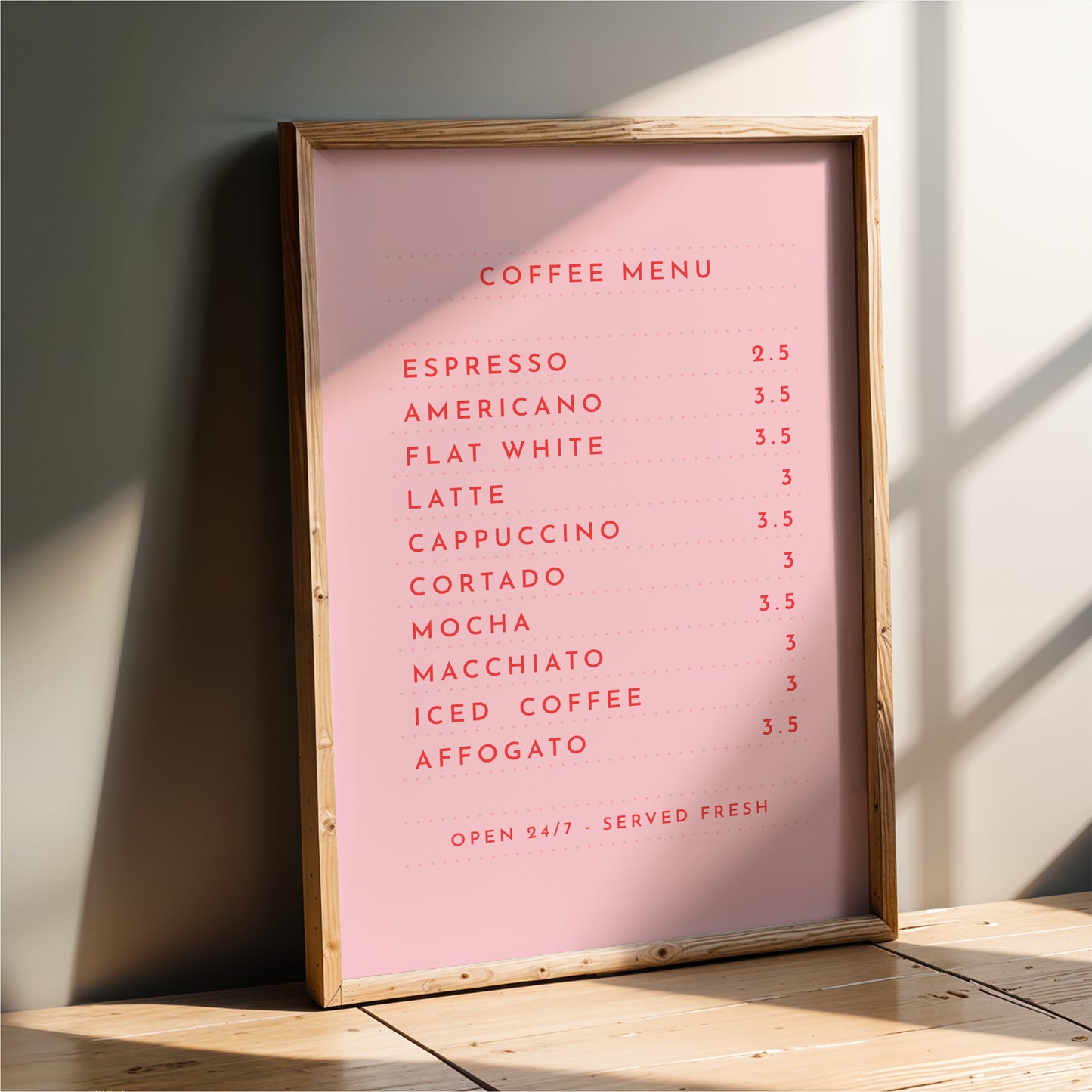 a pink coffee menu board with a list of coffee drinks and their prices.