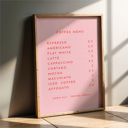 a pink coffee menu board with a list of coffee drinks and their prices.