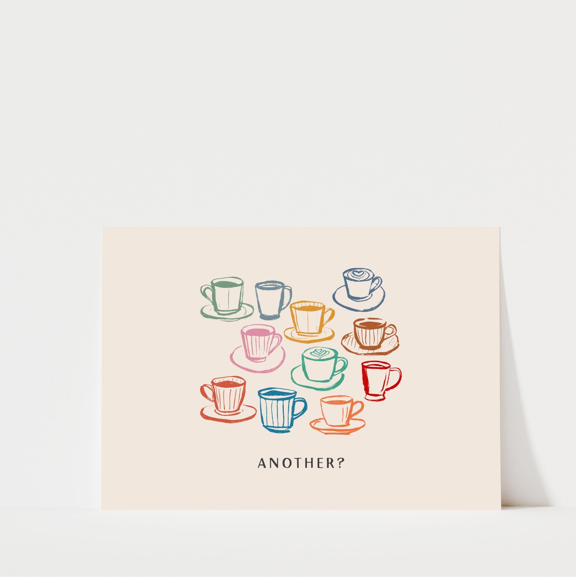 a collection of colorful coffee cups and saucers arranged in a grid-like pattern, with the question "Another?" displayed below the illustration.