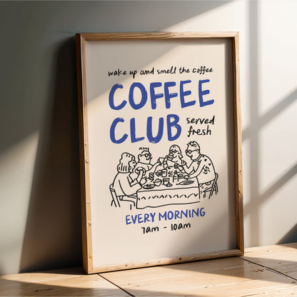 The image is a poster advertising a coffee club, featuring a cartoon illustration of people enjoying coffee together.