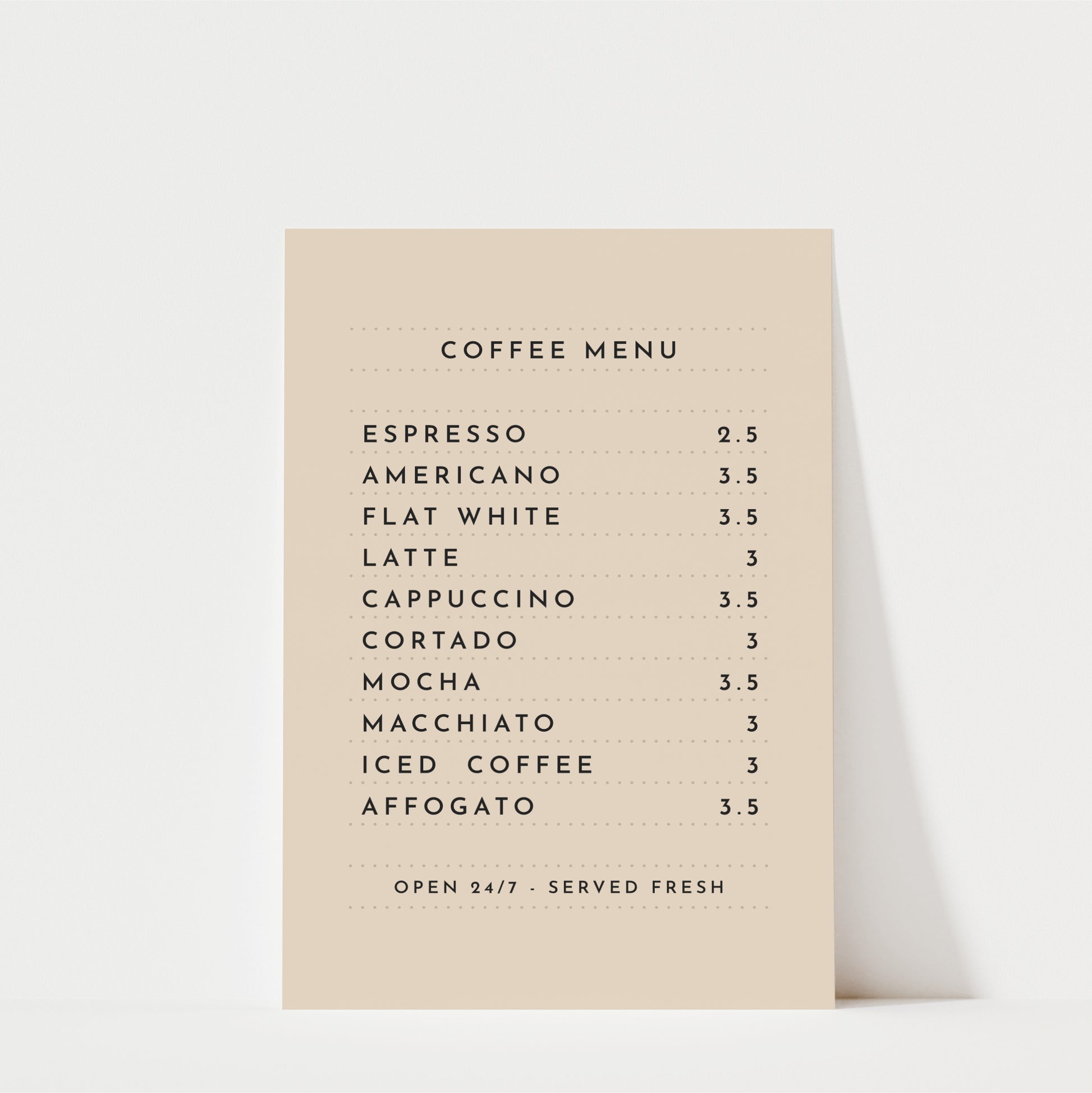 a coffee menu with a list of various coffee drinks and their prices.