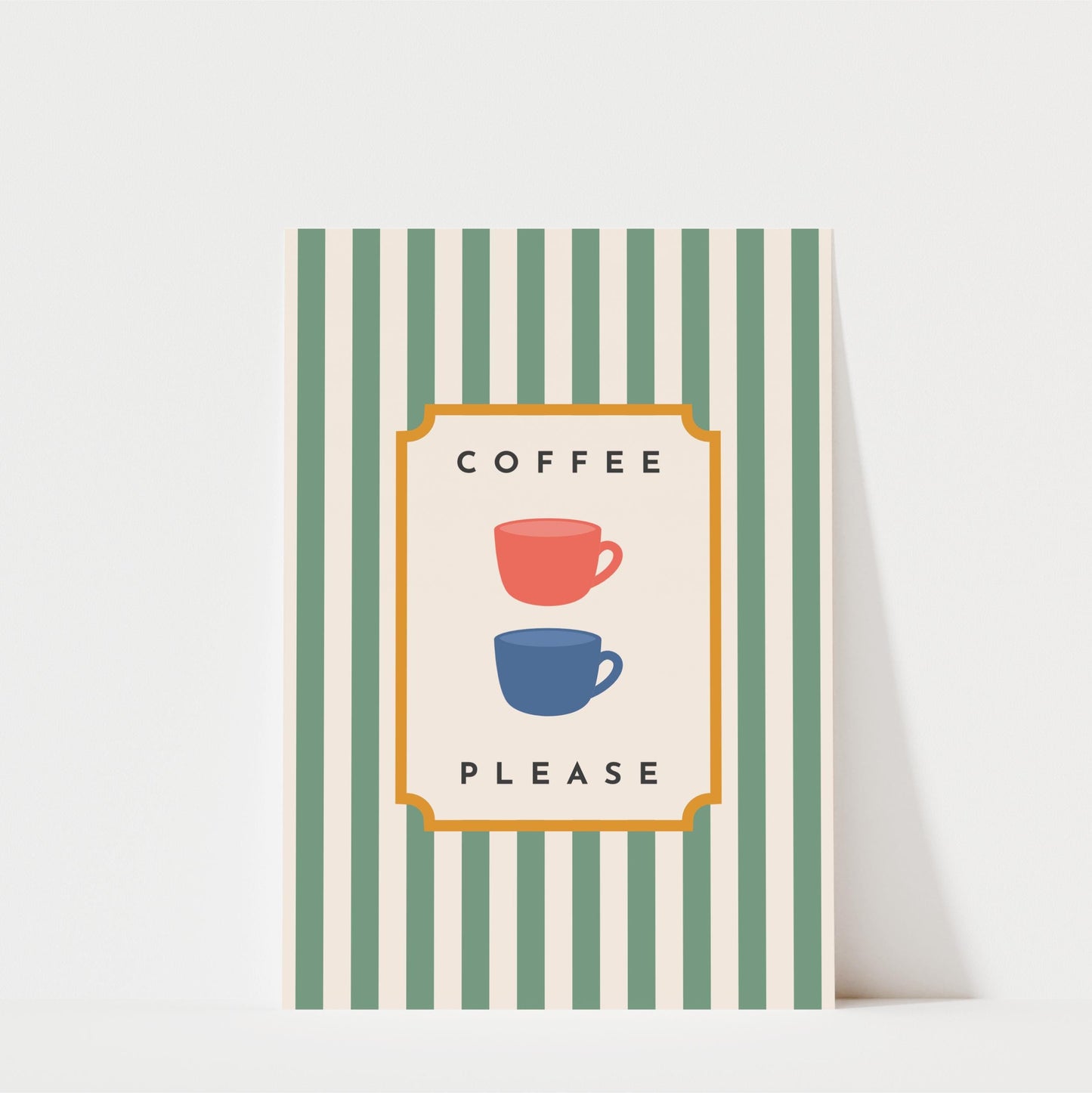 a poster with a green and white striped background and a central message that reads "COFFEE PLEASE".