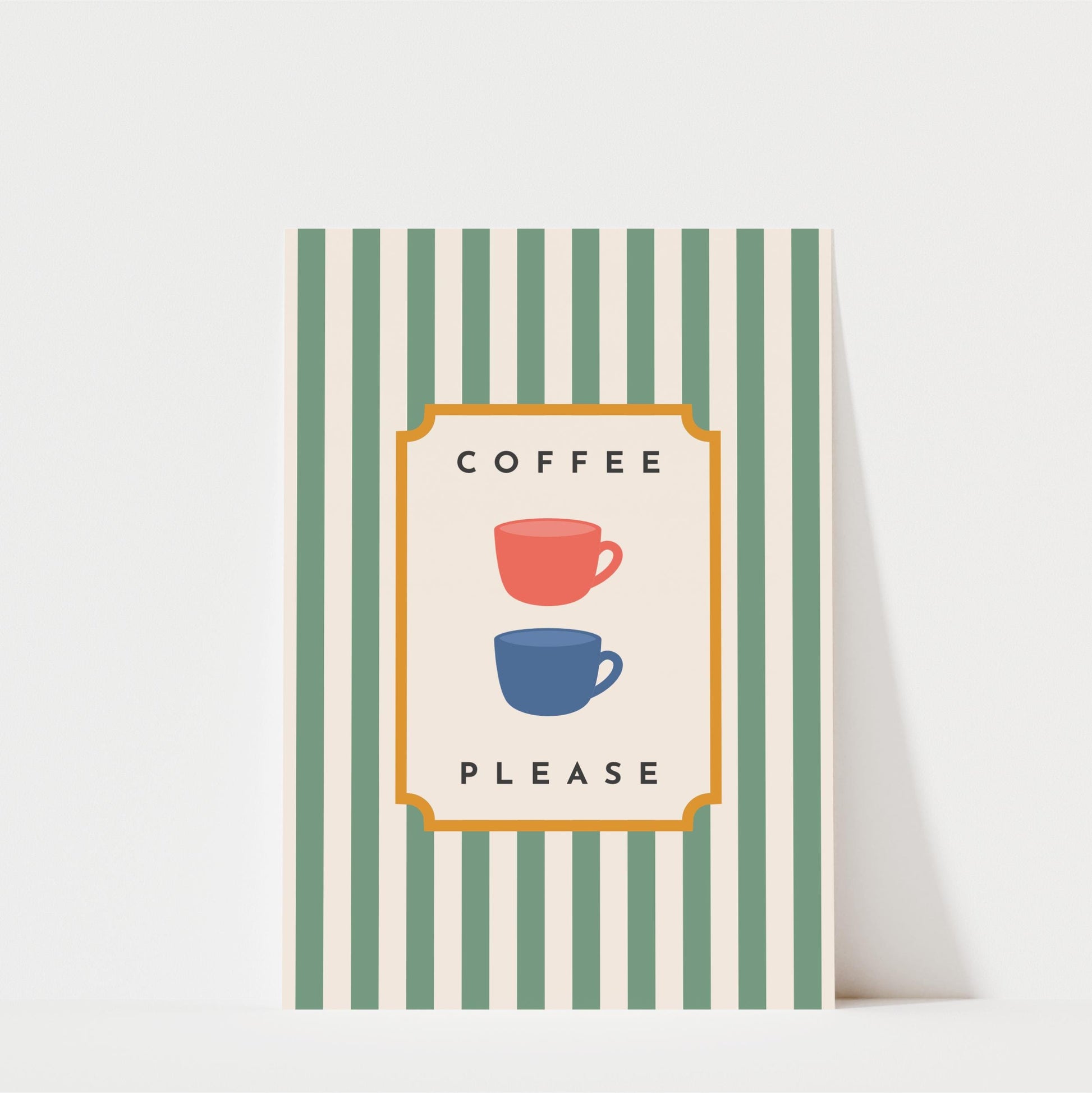 a poster with a green and white striped background and a central message that reads "COFFEE PLEASE".