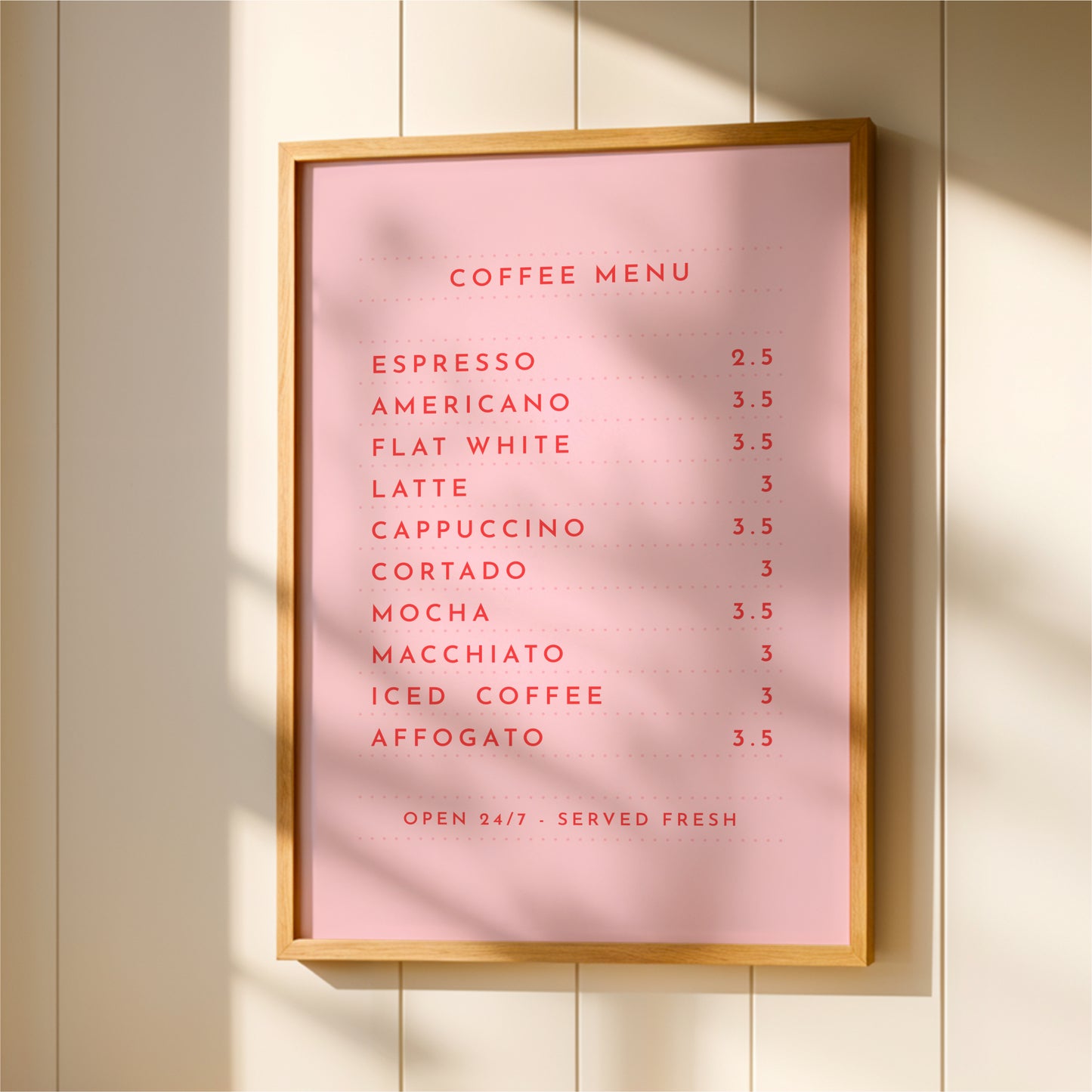 a pink menu board with a list of coffee drinks and their prices.
