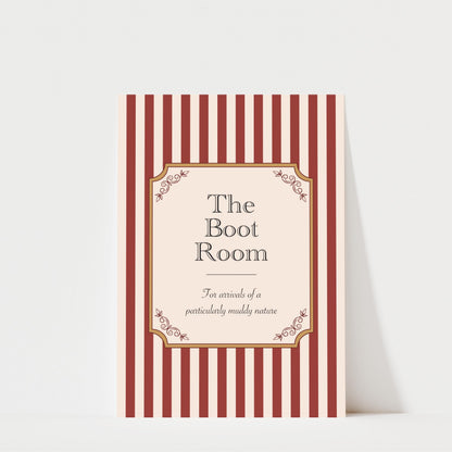 The image is a poster or flyer for "The Boot Room", which appears to be a room for storing and displaying footwear.