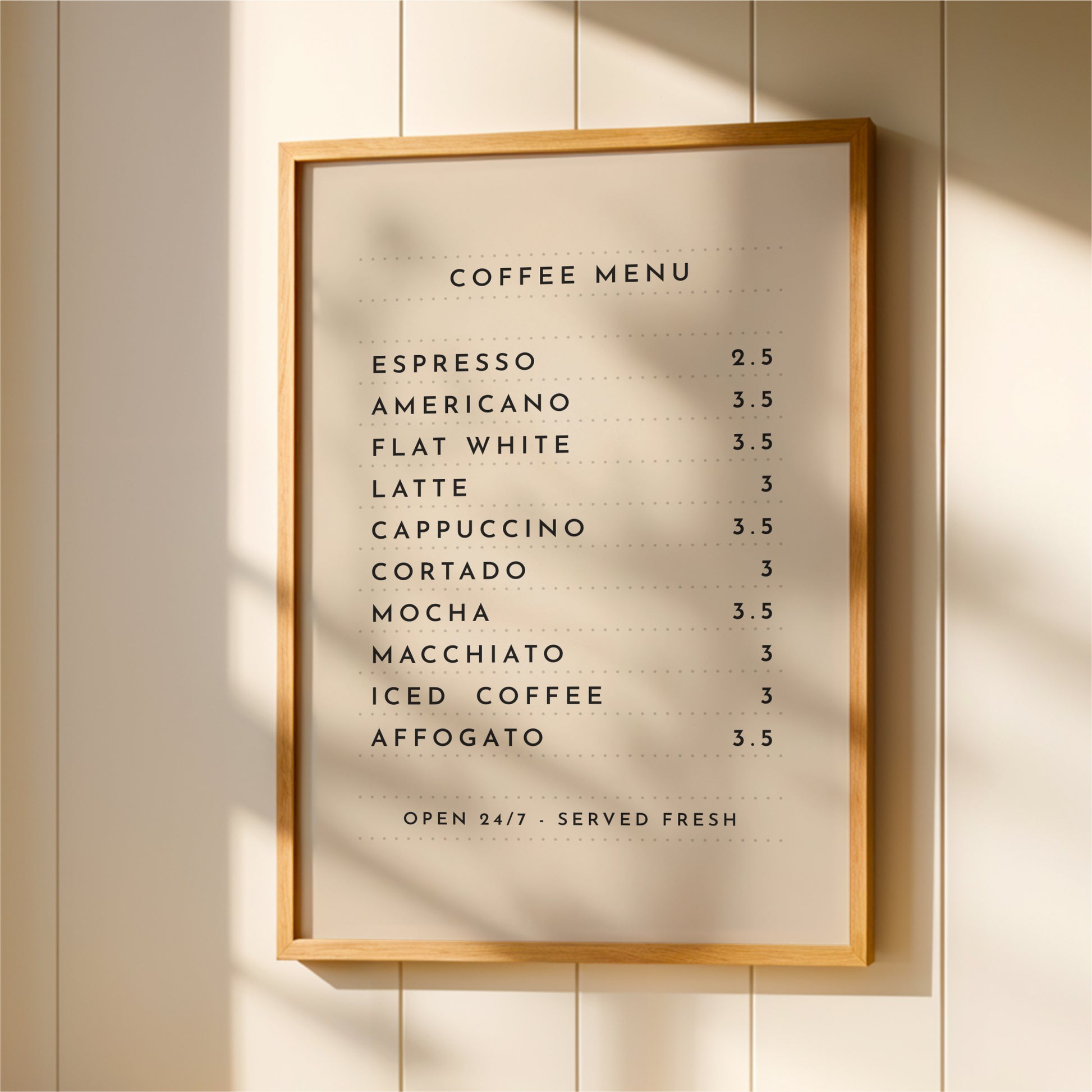 a coffee menu hanging on a wall, providing a list of various coffee drinks and their prices.