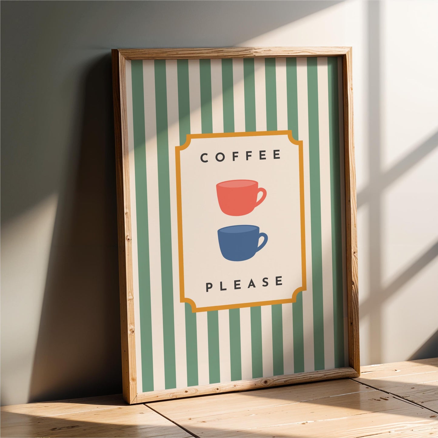 A framed poster with a green and white striped background and the text "COFFEE PLEASE" in bold letters.