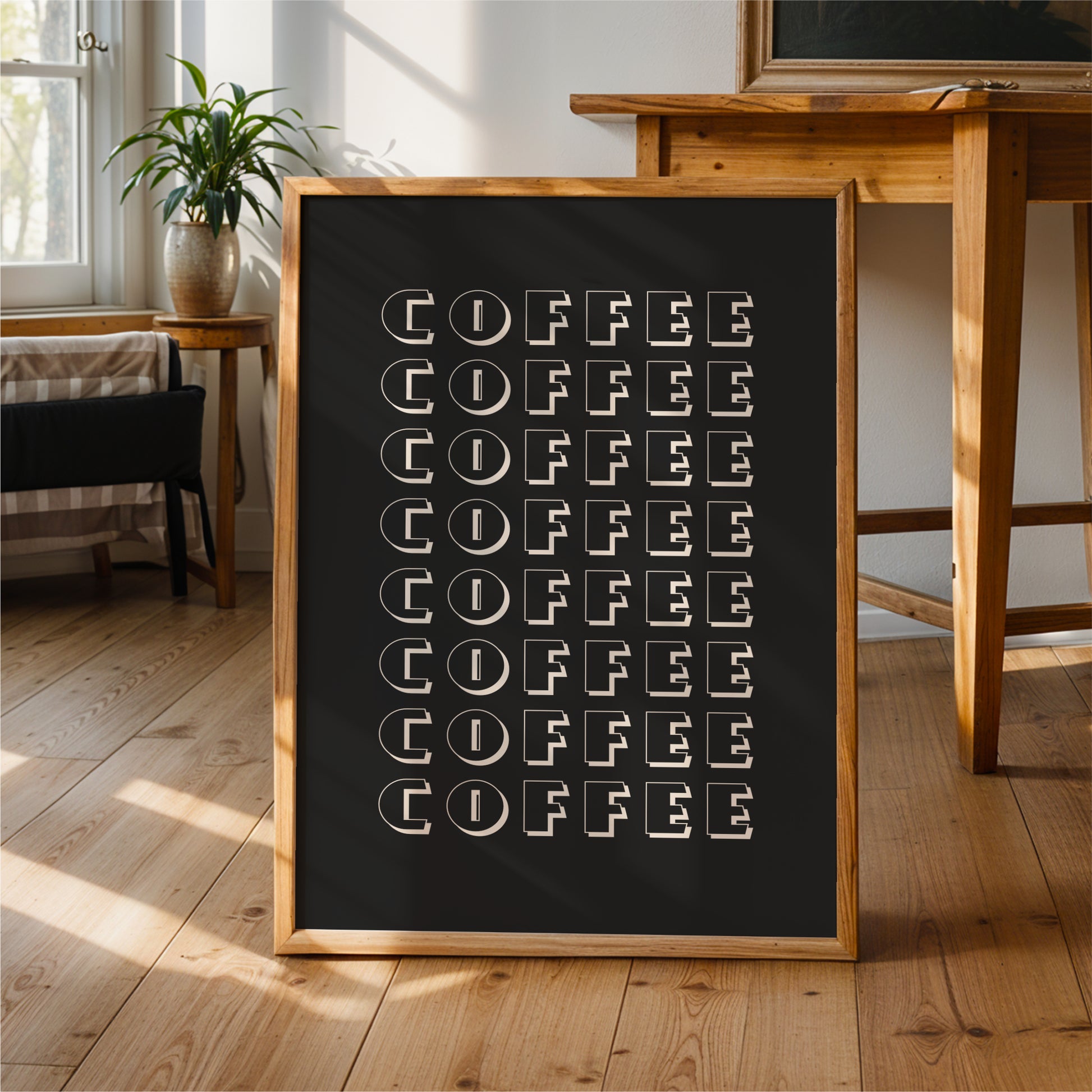 a blackboard with the word "COFFEE" written in a repeating pattern of white letters.