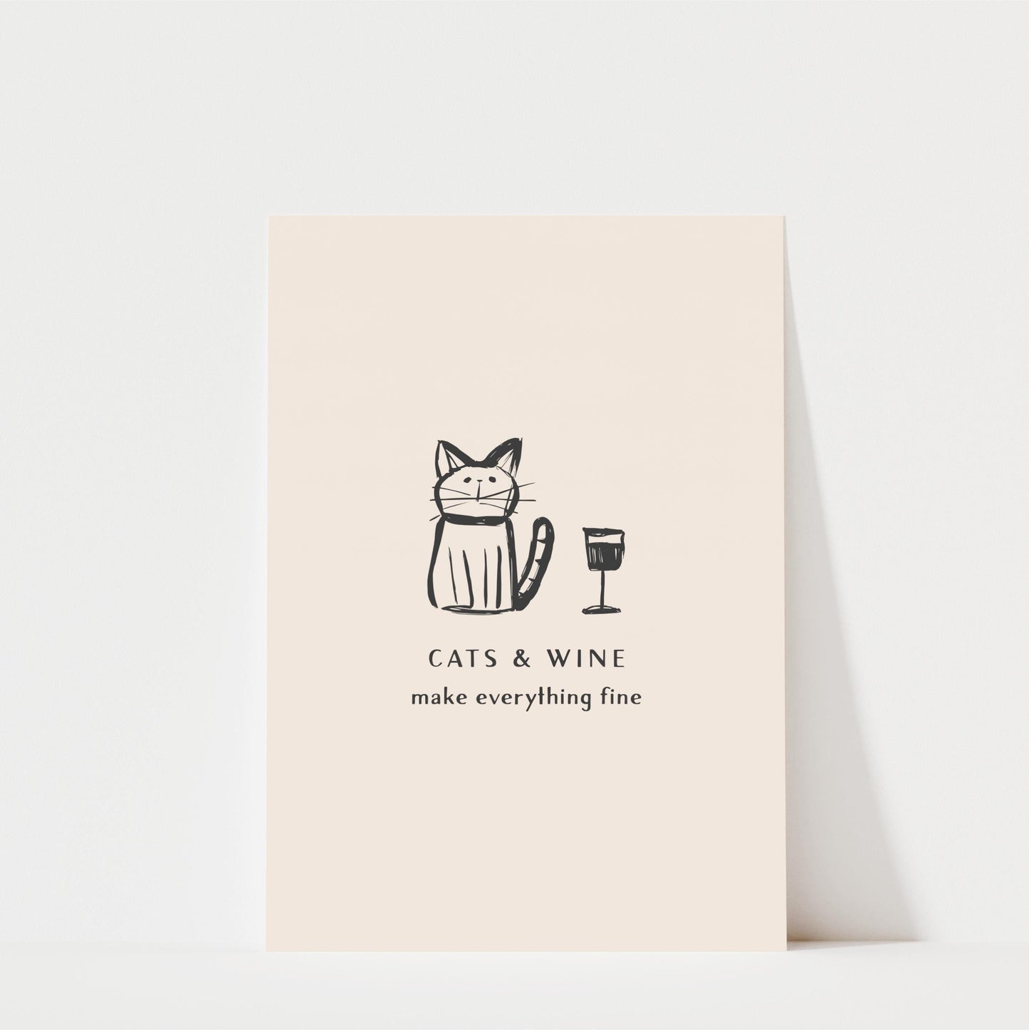 A simple illustration of a cat sitting next to a wine glass, accompanied by the text "CATS & WINE make everything fine"