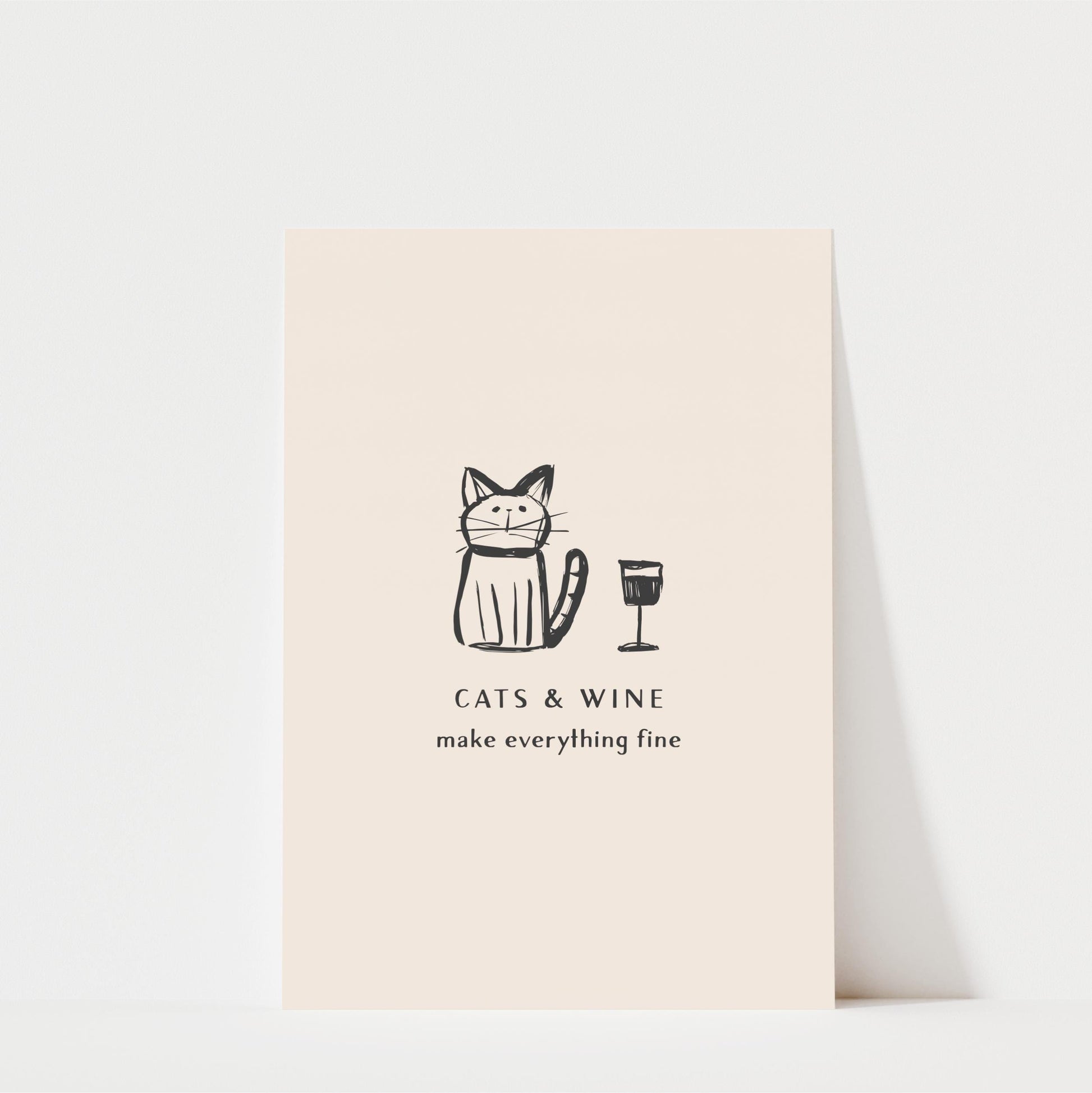 A simple illustration of a cat sitting next to a wine glass, accompanied by the text "CATS & WINE make everything fine"