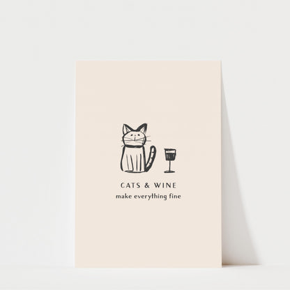 A simple illustration of a cat sitting next to a wine glass, accompanied by the text "CATS & WINE make everything fine"