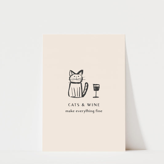 A simple illustration of a cat sitting next to a wine glass, accompanied by the text "CATS & WINE make everything fine"
