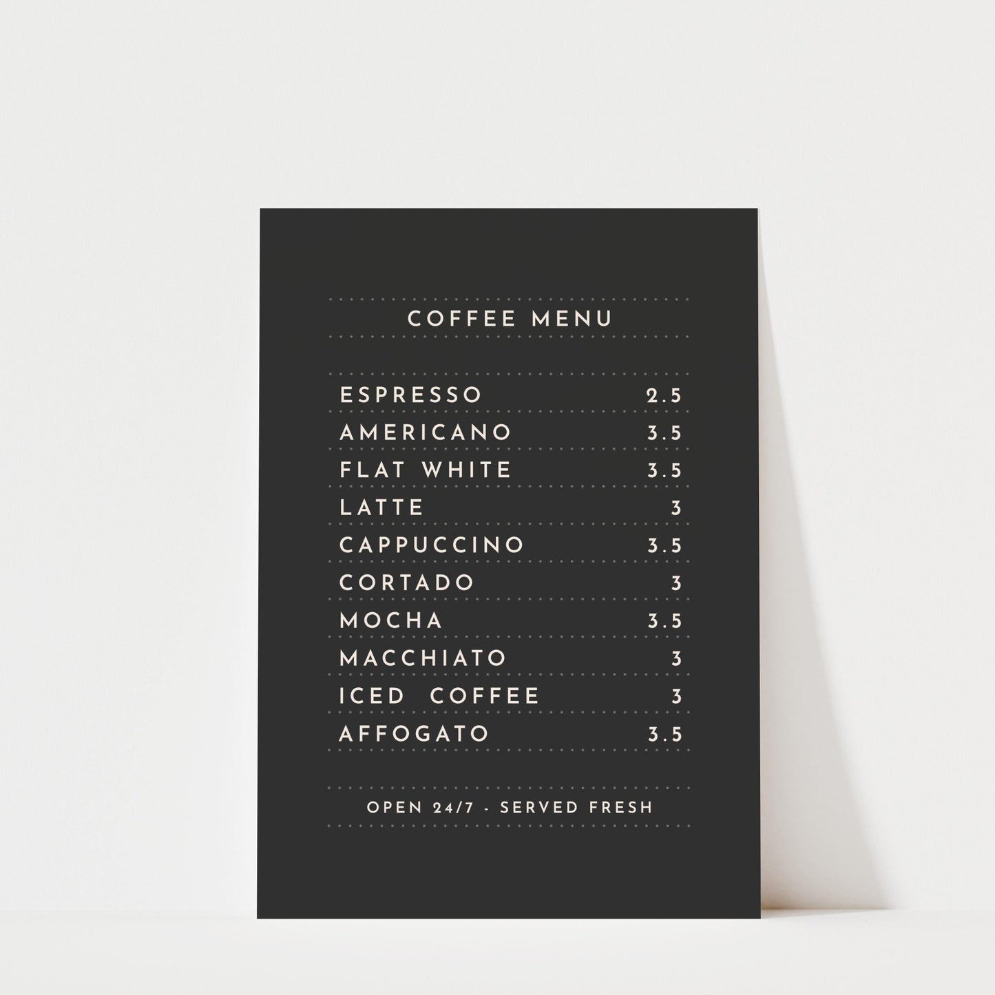 Coffee Menu - Coffee Wall Art Print - Black