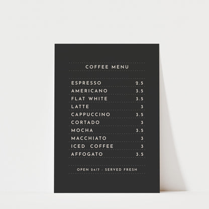 Coffee Menu - Coffee Wall Art Print - Black