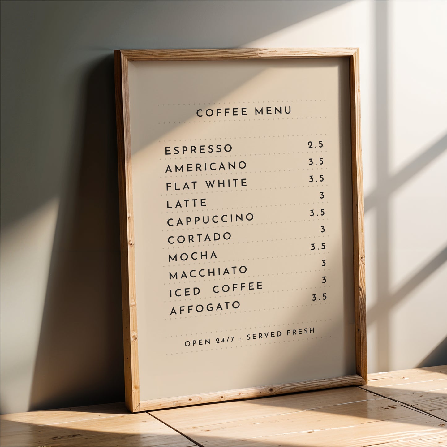 a wooden coffee menu board with a list of coffee drinks and their prices.