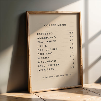 a wooden coffee menu board with a list of coffee drinks and their prices.