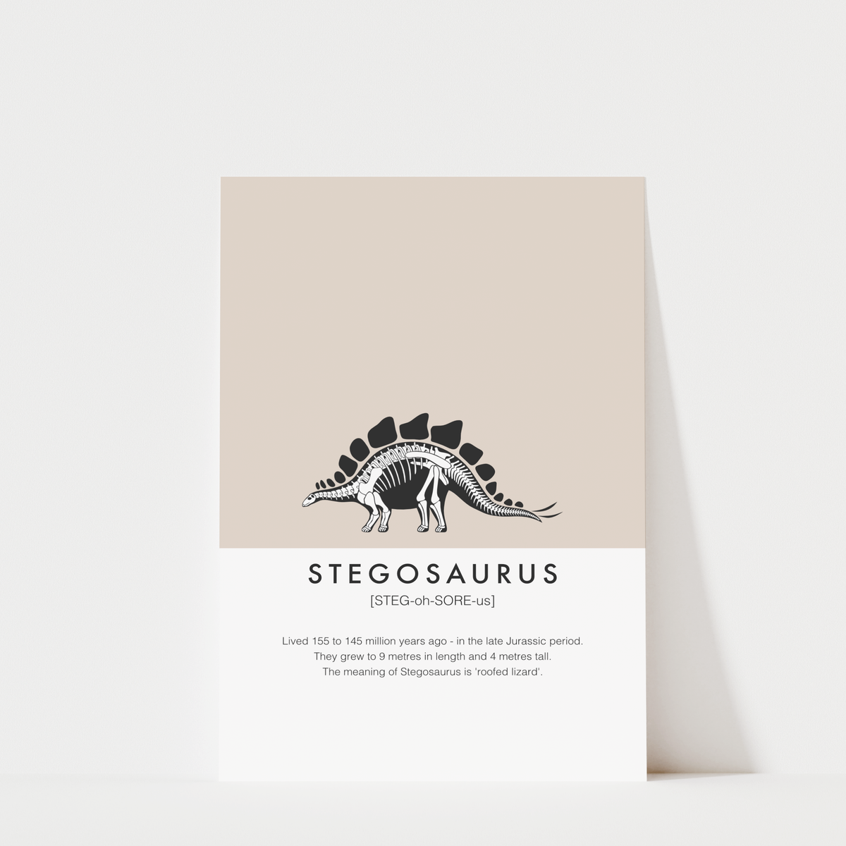 The image is a poster or card that provides information about the Stegosaurus, a dinosaur species.