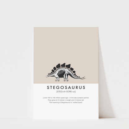 The image is a poster or card that provides information about the Stegosaurus, a dinosaur species.