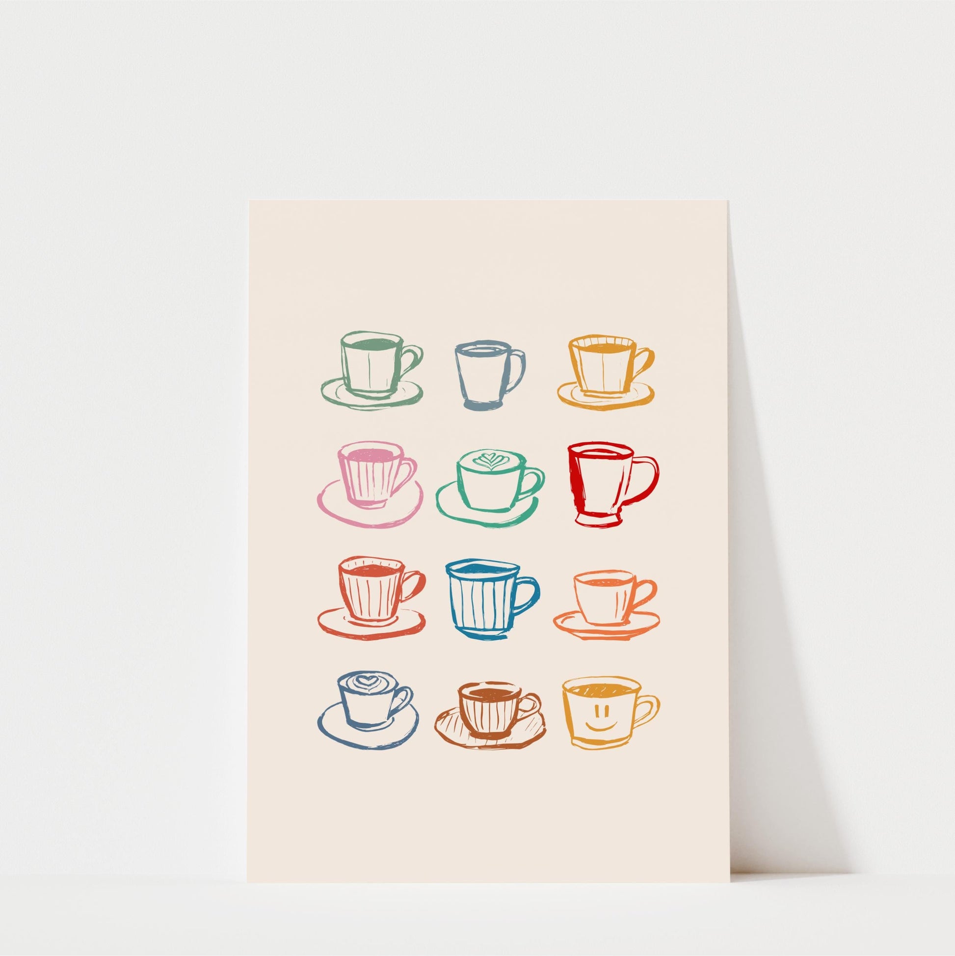 A collection of twelve colorful coffee cups and saucers arranged in a grid pattern on a light background.