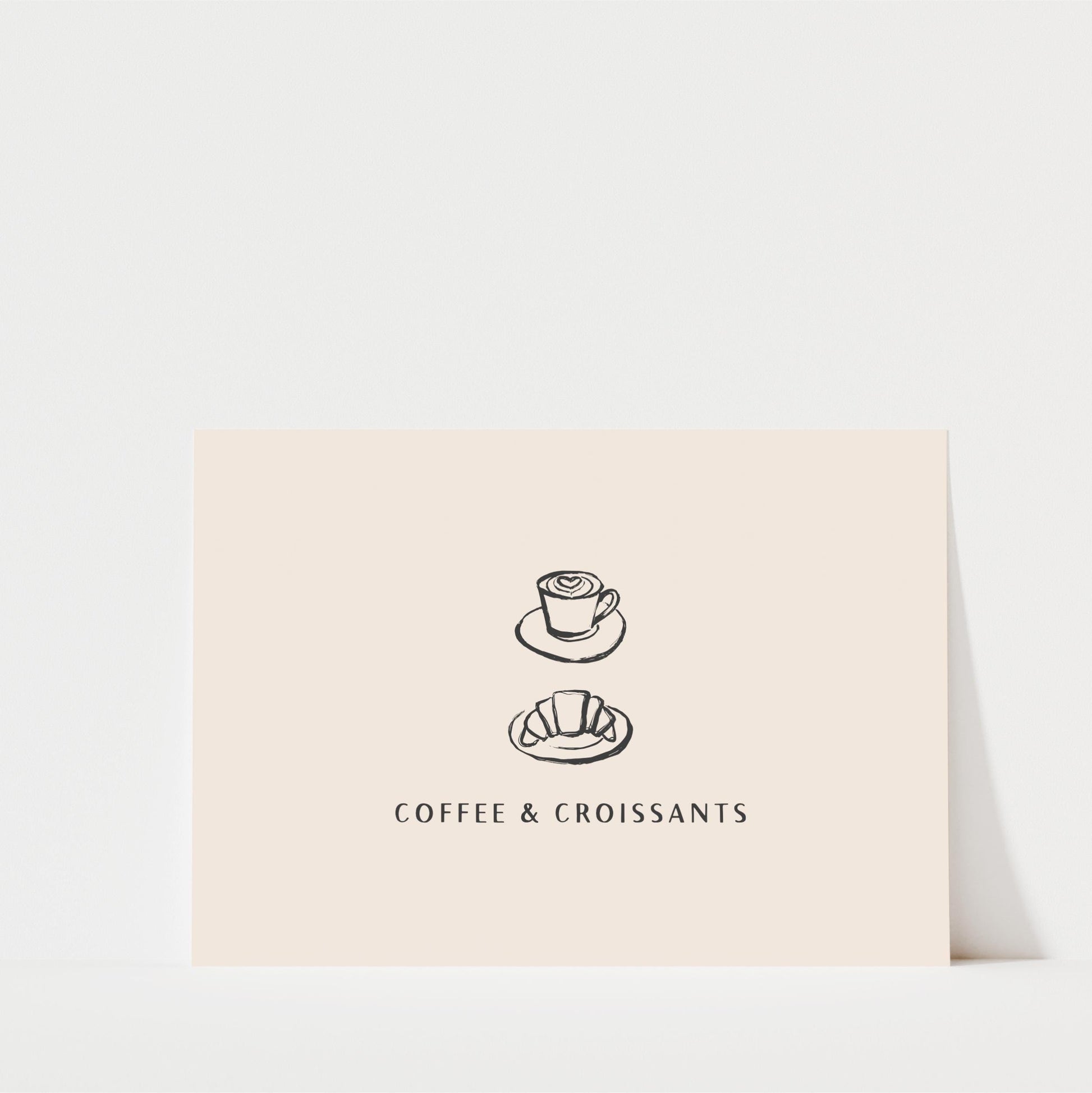 A simple illustration of a coffee cup and croissant on a light-colored background, accompanied by the text "COFFEE & CROISSANTS".