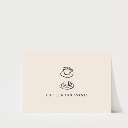 A simple illustration of a coffee cup and croissant on a light-colored background, accompanied by the text "COFFEE & CROISSANTS".