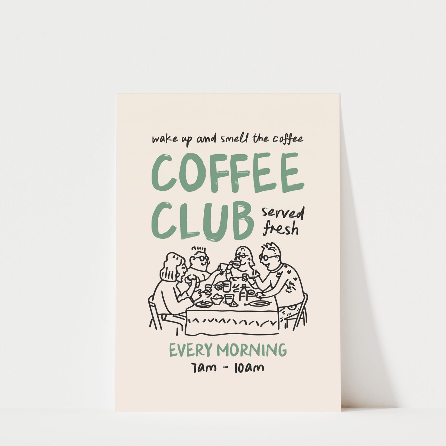 The image is a poster advertising a coffee club that serves fresh coffee every morning.