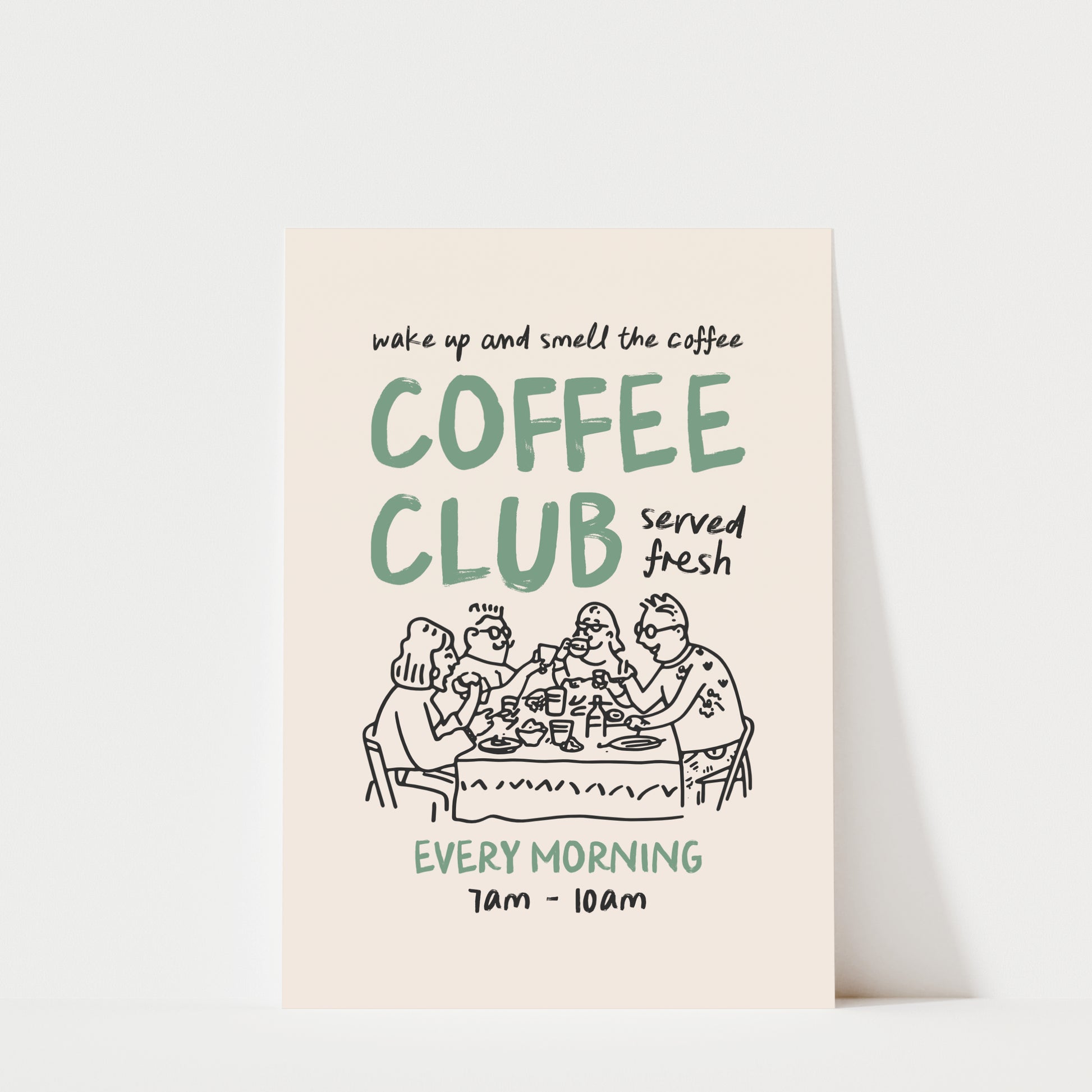 The image is a poster advertising a coffee club that serves fresh coffee every morning.