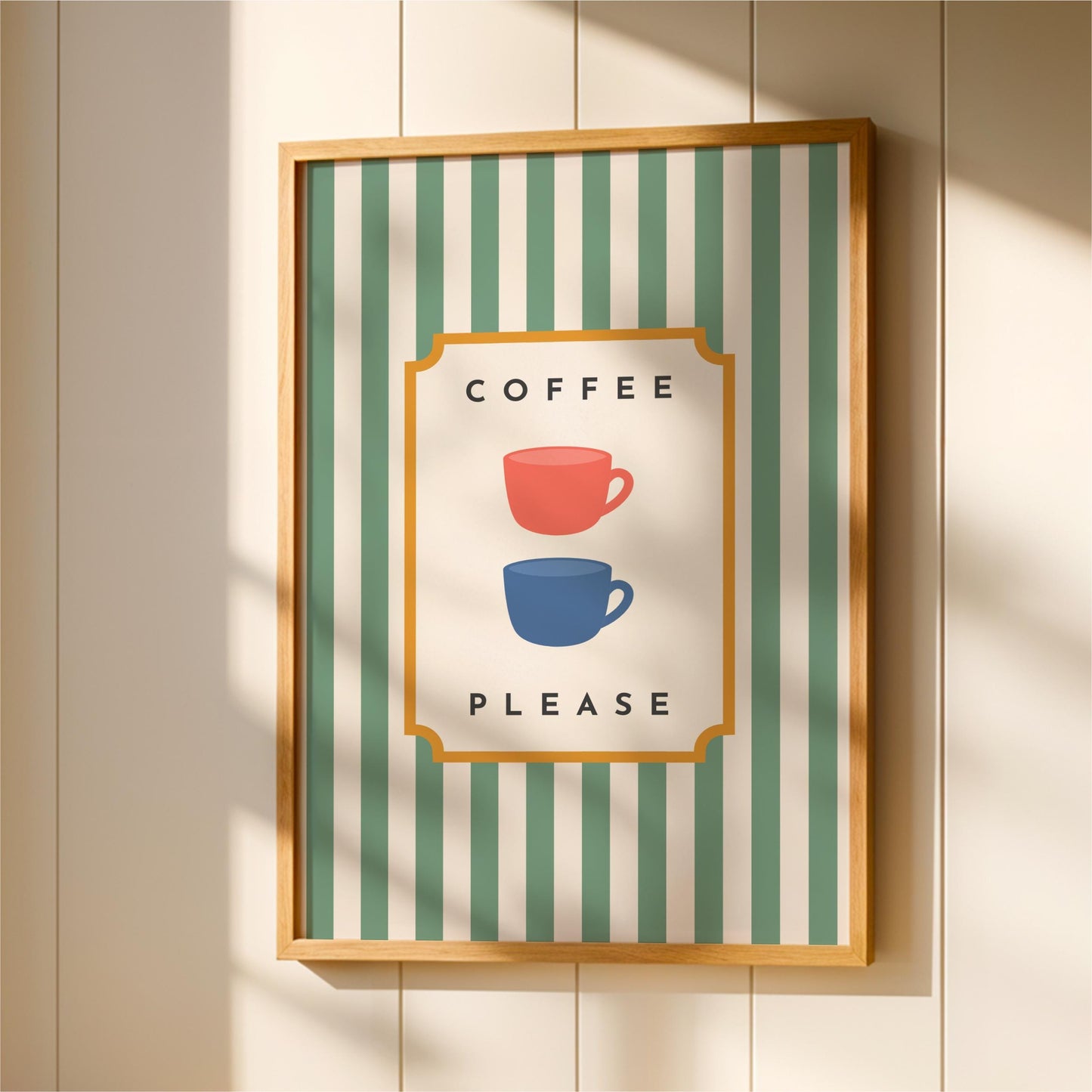 a framed poster with a green and white striped background and the text "COFFEE PLEASE" in the center.