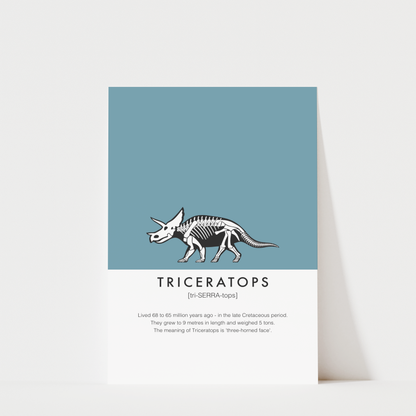 The image is a poster or print featuring a triceratops skeleton and text providing information about the species.