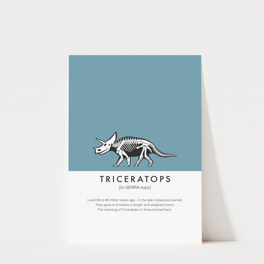 The image is a poster or print featuring a triceratops skeleton and text providing information about the species.