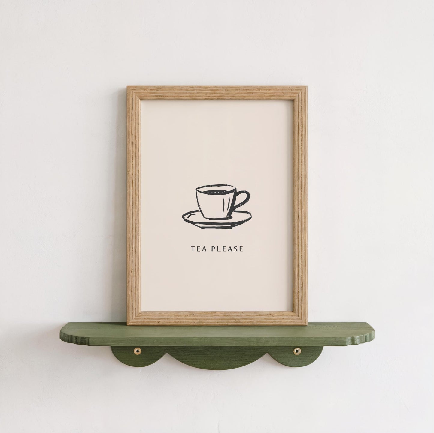A framed poster with a simple illustration of a cup of tea on a saucer, accompanied by the text "TEA PLEASE" in a casual, friendly font.