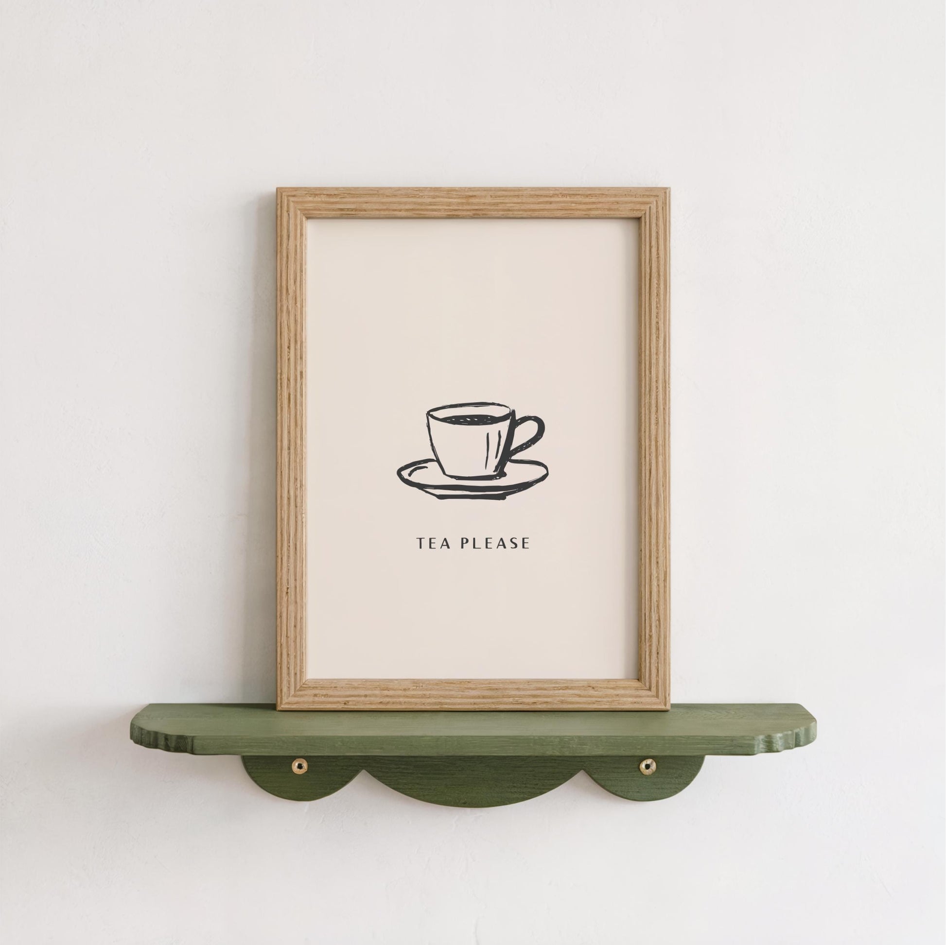A framed poster with a simple illustration of a cup of tea on a saucer, accompanied by the text "TEA PLEASE" in a casual, friendly font.
