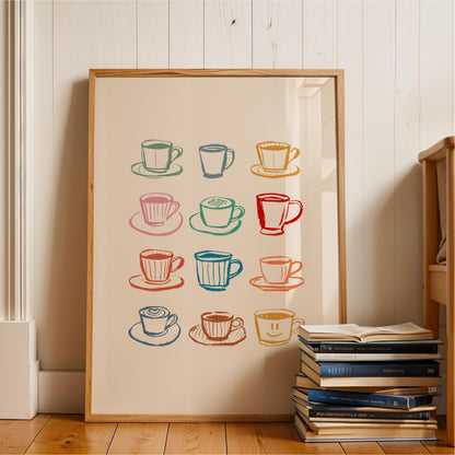 A framed print featuring a collection of colorful coffee cups and saucers, arranged in a grid pattern on a wooden floor.