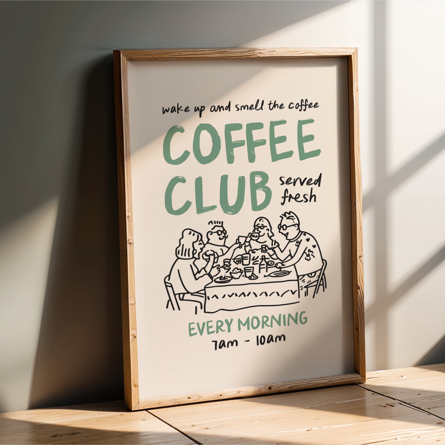 The image is a poster advertising a coffee club, featuring a cartoon illustration of people enjoying coffee together.