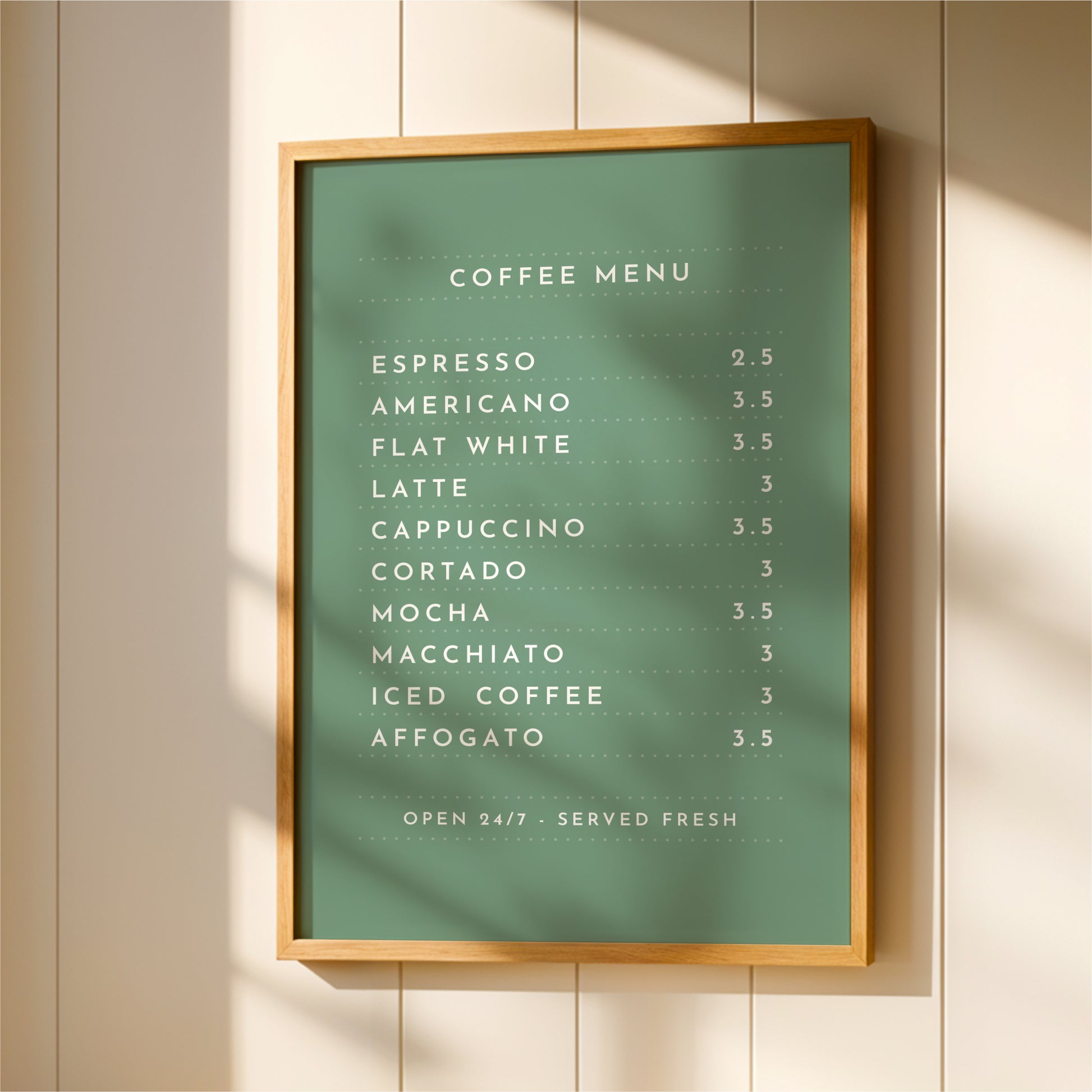 a green menu board hanging on a wall, listing various coffee drinks and their prices.