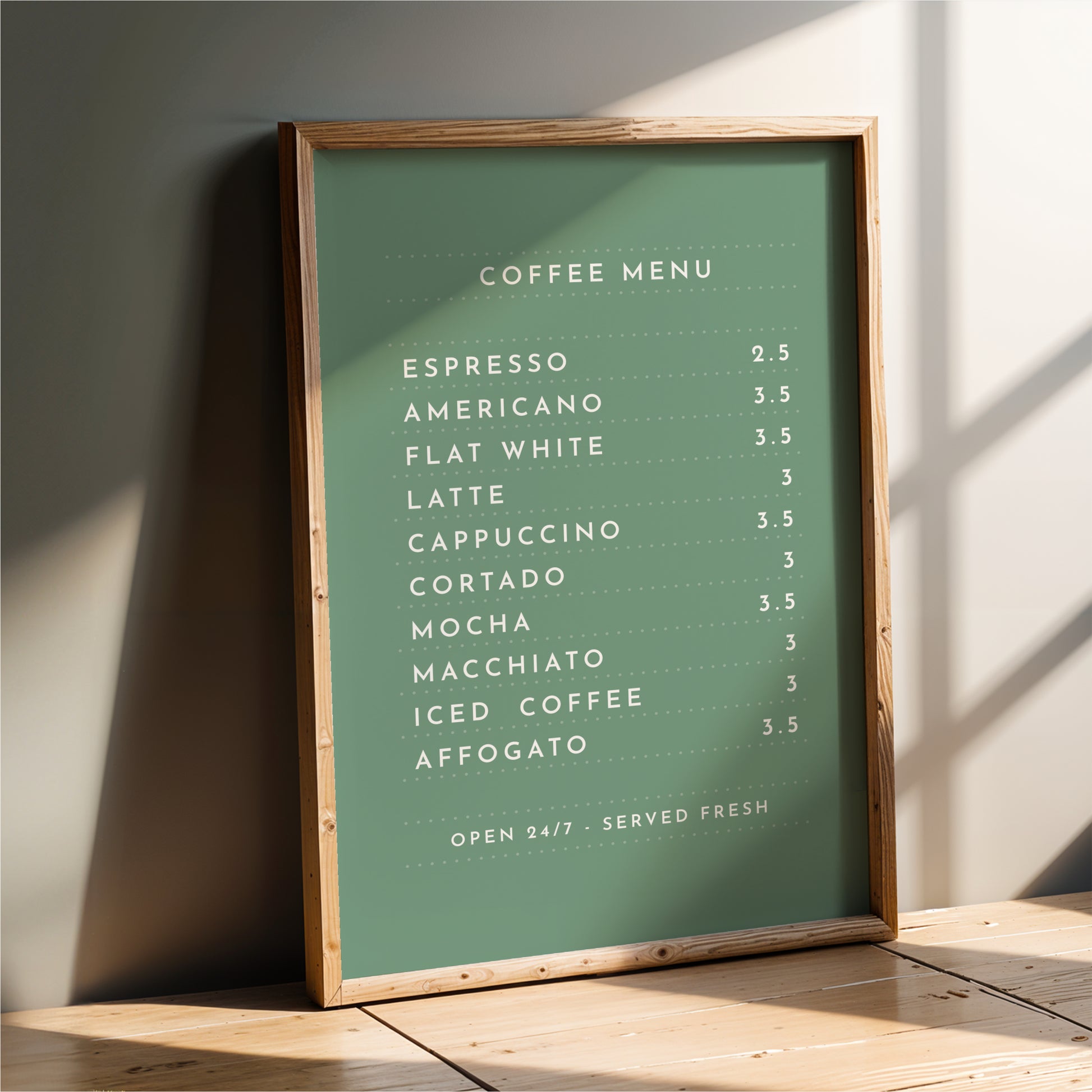 a green menu board with white text, providing a list of coffee drinks and their prices.