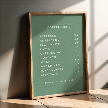 a green menu board with white text, providing a list of coffee drinks and their prices.