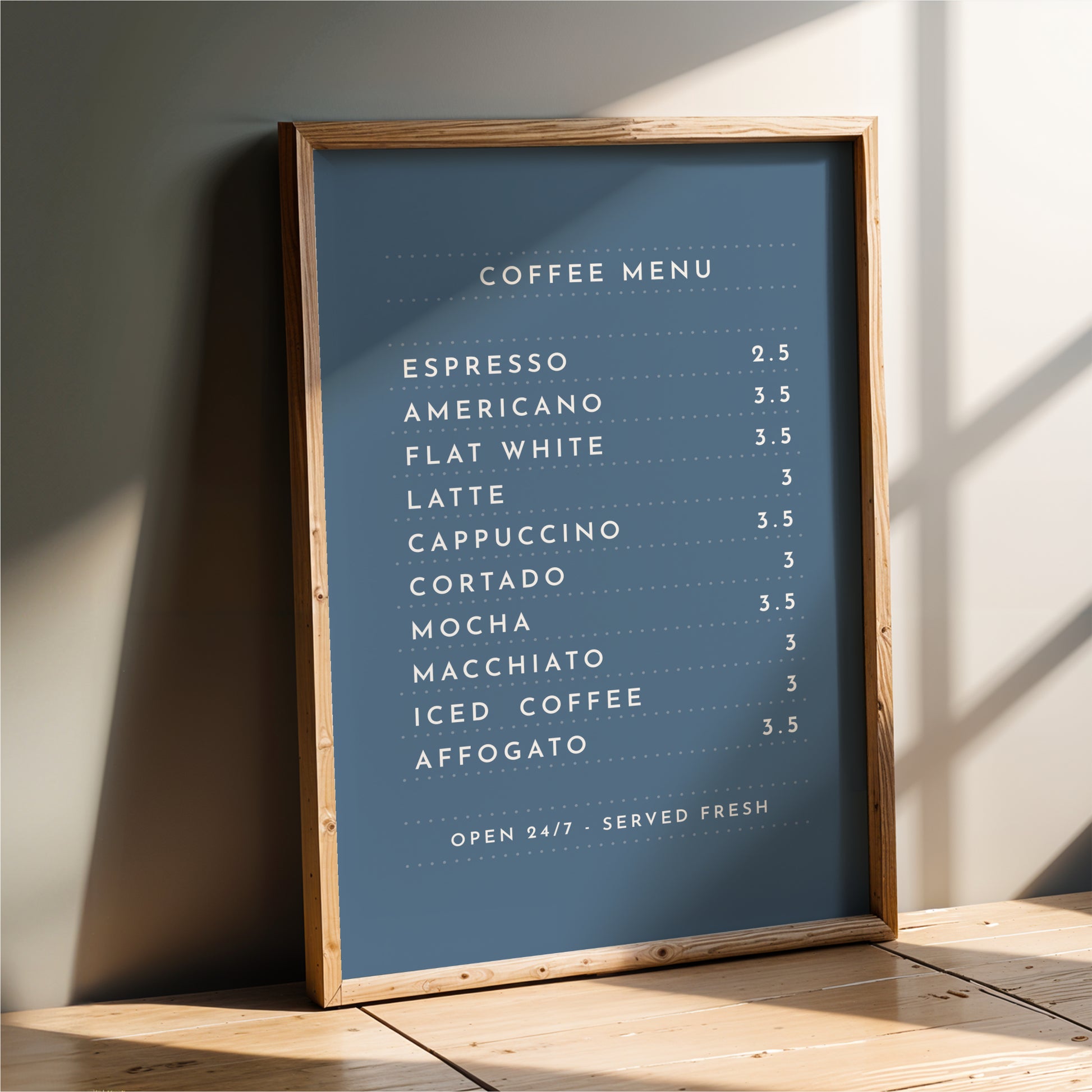 A blue framed menu board displaying a coffee menu with various drink options and prices.