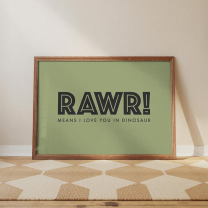 Dinosaur Rawr Typography Print - Nursery and Kids Bedroom - dino wall decor for girls and boys room and playroom, dinosaur print wall art