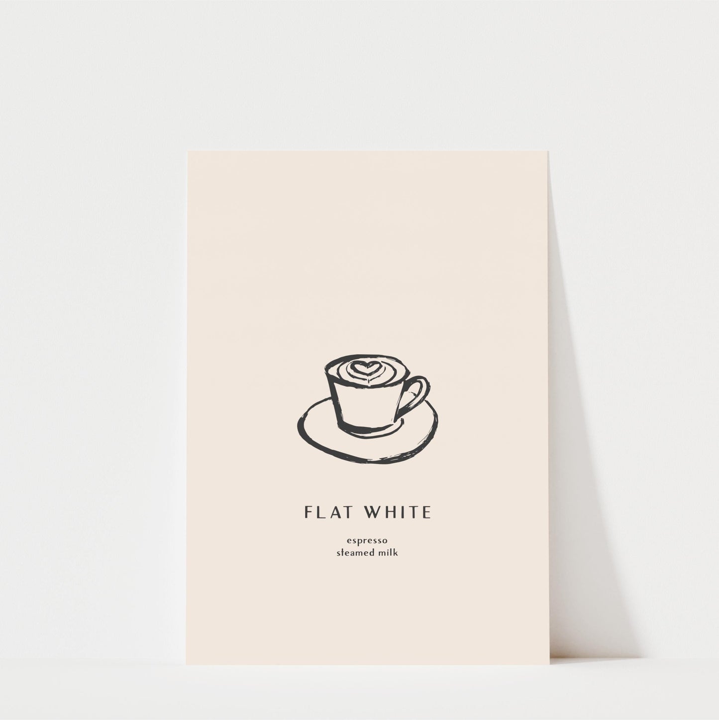 a simple illustration of a cup of coffee with a heart-shaped design on the foam, accompanied by the text "FLAT WHITE" and "expression cleaned milk" below it.