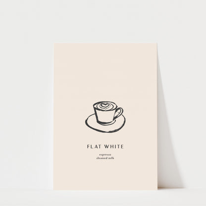 a simple illustration of a cup of coffee with a heart-shaped design on the foam, accompanied by the text "FLAT WHITE" and "expression cleaned milk" below it.
