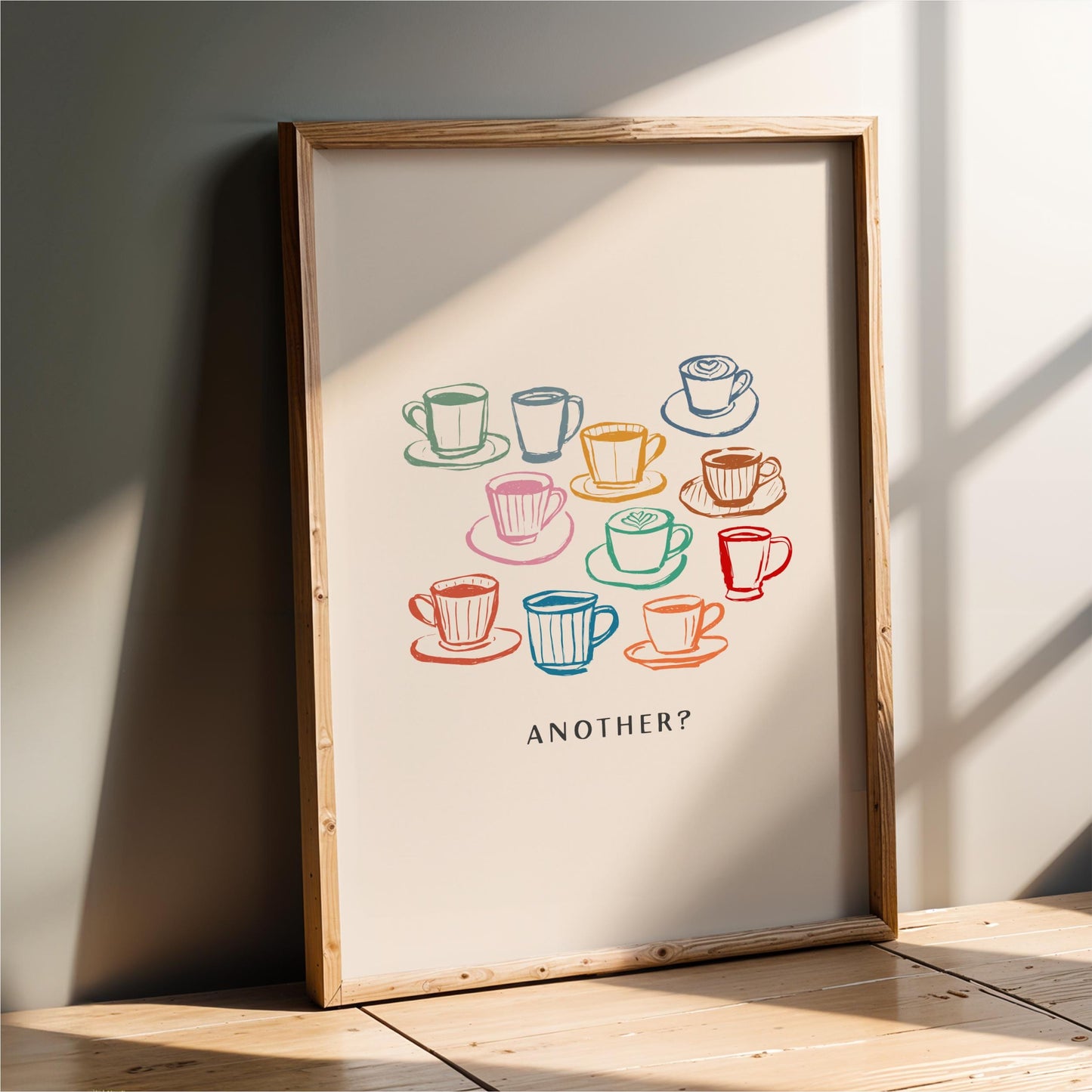 a framed poster with a collection of colorful coffee cups and saucers arranged in a grid-like pattern.