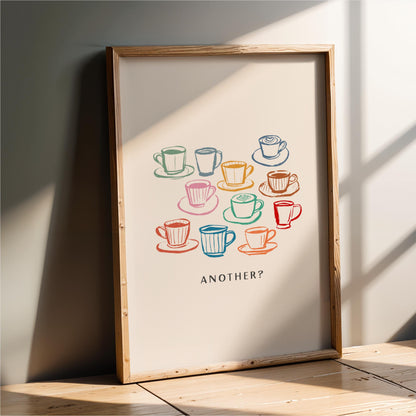 a framed poster with a collection of colorful coffee cups and saucers arranged in a grid-like pattern.