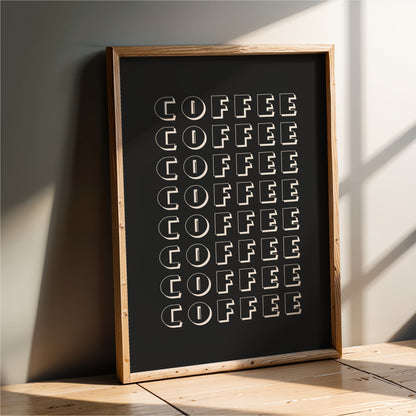 a blackboard with the word "COFFEE" written in a repeating pattern of white letters.